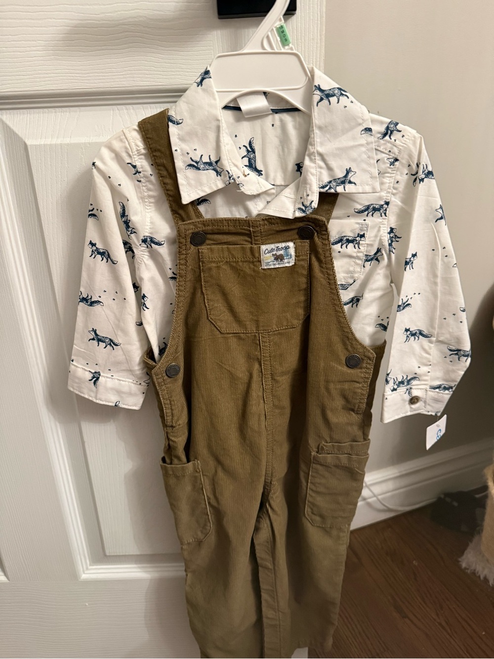 Carter's Tan Corduroy Overalls with White Fox Shirt